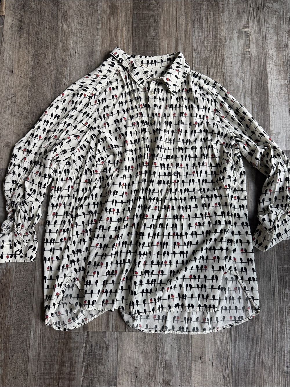 Jane and Delancey Cream Button-Front Blouse with Black and Red Bird Print